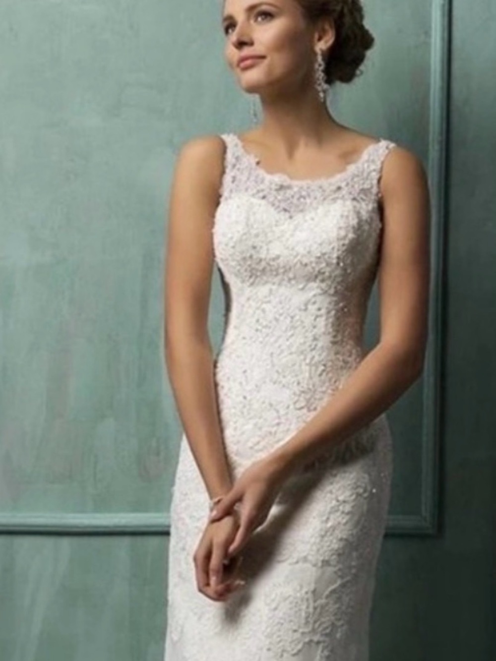 Sleeveless White Lace Sheath Dress with Illusion Neckline